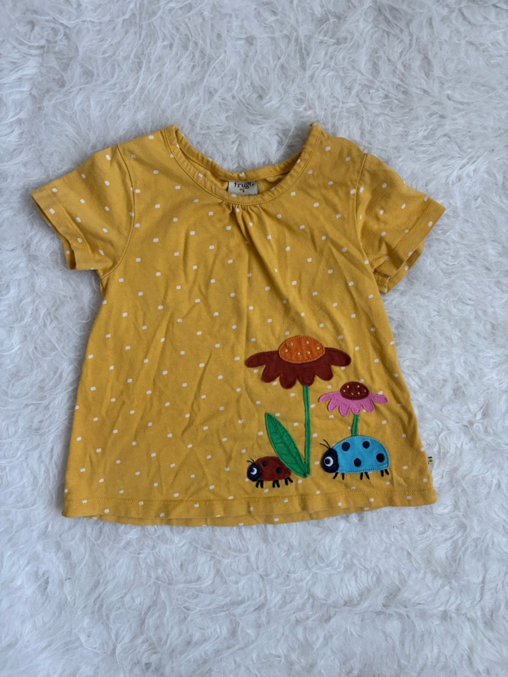 Frugi Girls' Yellow Polka Dot Tee with Colorful Flower & Ladybug Appliqués